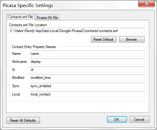 Contacts.xml File Tab